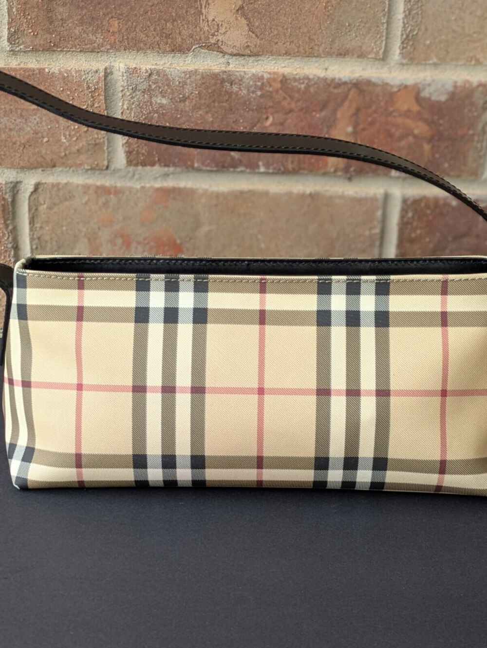 Burberry Nova Check Y2K Baguette Bag Beige Canvas Black Leather Vintage